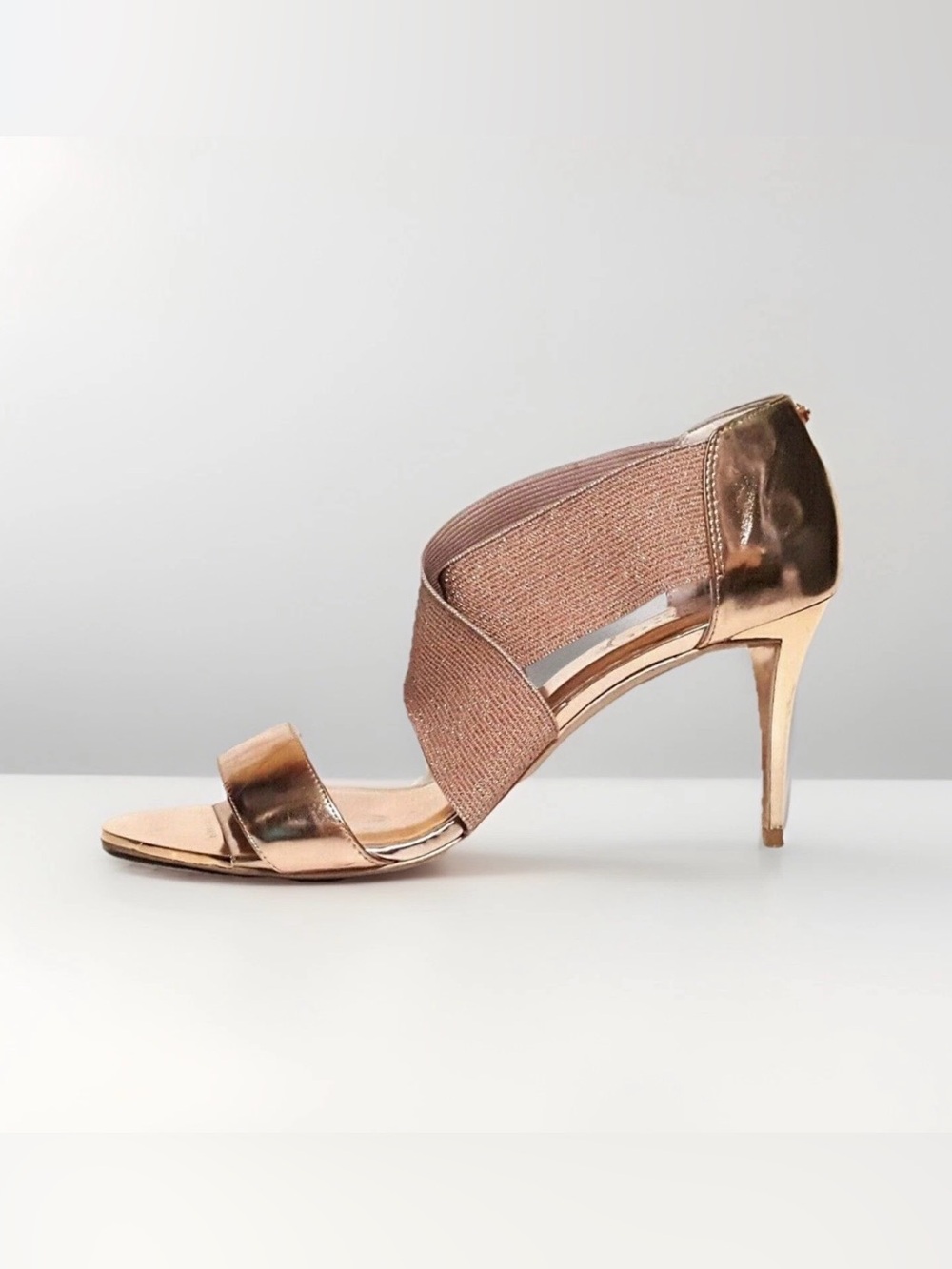 Ted Baker Metallic Rose Gold Elastic Crossover Heels